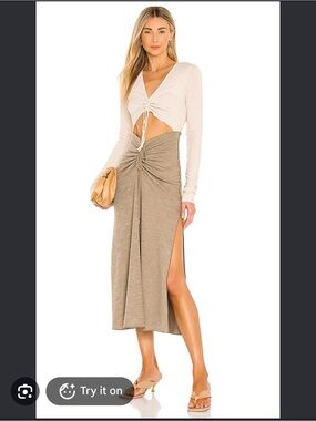 Song of Style Ezra Dress. Taupe and Green Ruched Side-Slit Midi Skirt XS